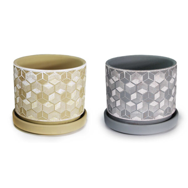 Γλάστρα κεραμική με πιάτο σχέδιο ρόμβος σετ 3 τμχ