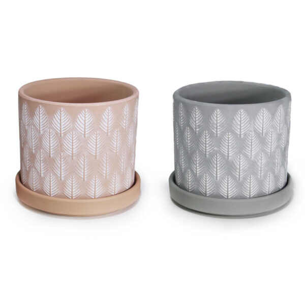 Γλάστρα κεραμική με πιάτο σετ 3 τμχ σχέδιο φυλλαράκι